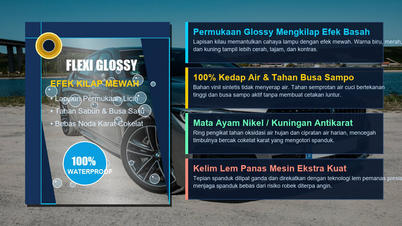 Detail bahan flexi glossy mengkilap tahan air dan mata ayam antikarat untuk spanduk cuci mobil
