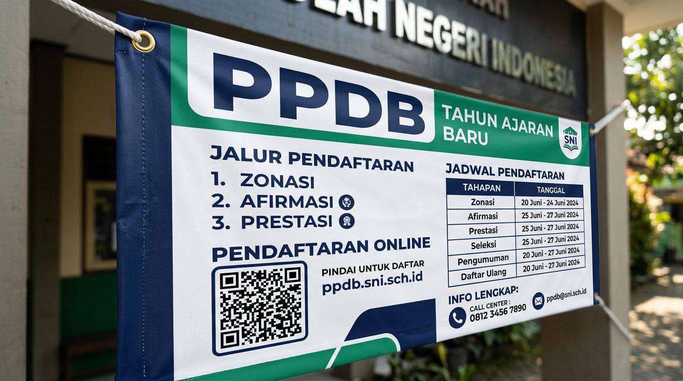 Detail visual tata letak tabel jadwal PPDB, jalur masuk, kode QR pendaftaran online, dan nomor layanan informasi panitia