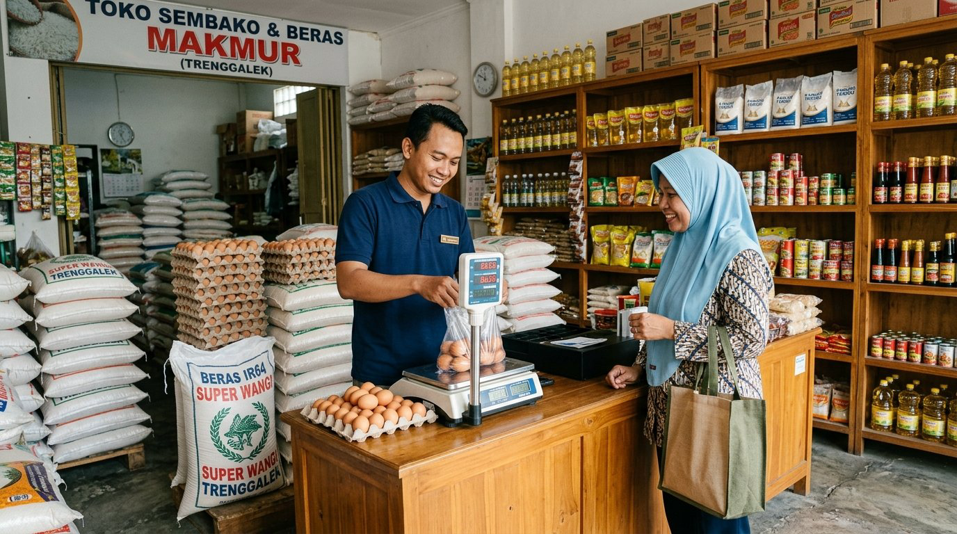 Suasana pelayanan penimbangan beras dan telur ayam segar di toko sembako yang rapi di Trenggalek