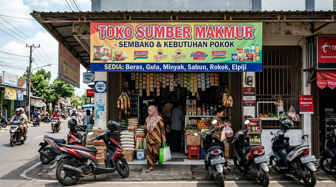 Toko kelontong sembako ramai pembeli di Trenggalek dengan spanduk papan nama toko yang tetap cerah dan rapi