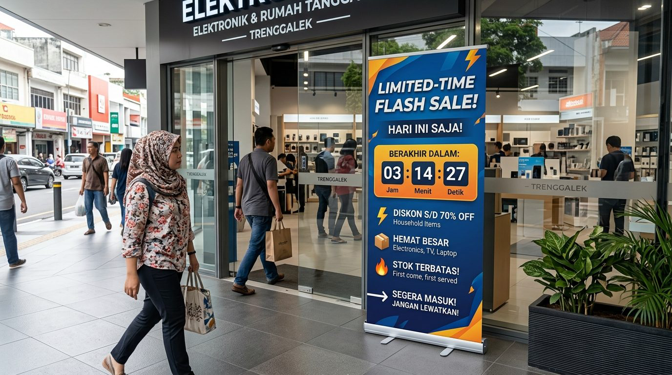 Standing roll up banner flash sale terbatas terpasang di samping pintu kaca toko elektronik Trenggalek
