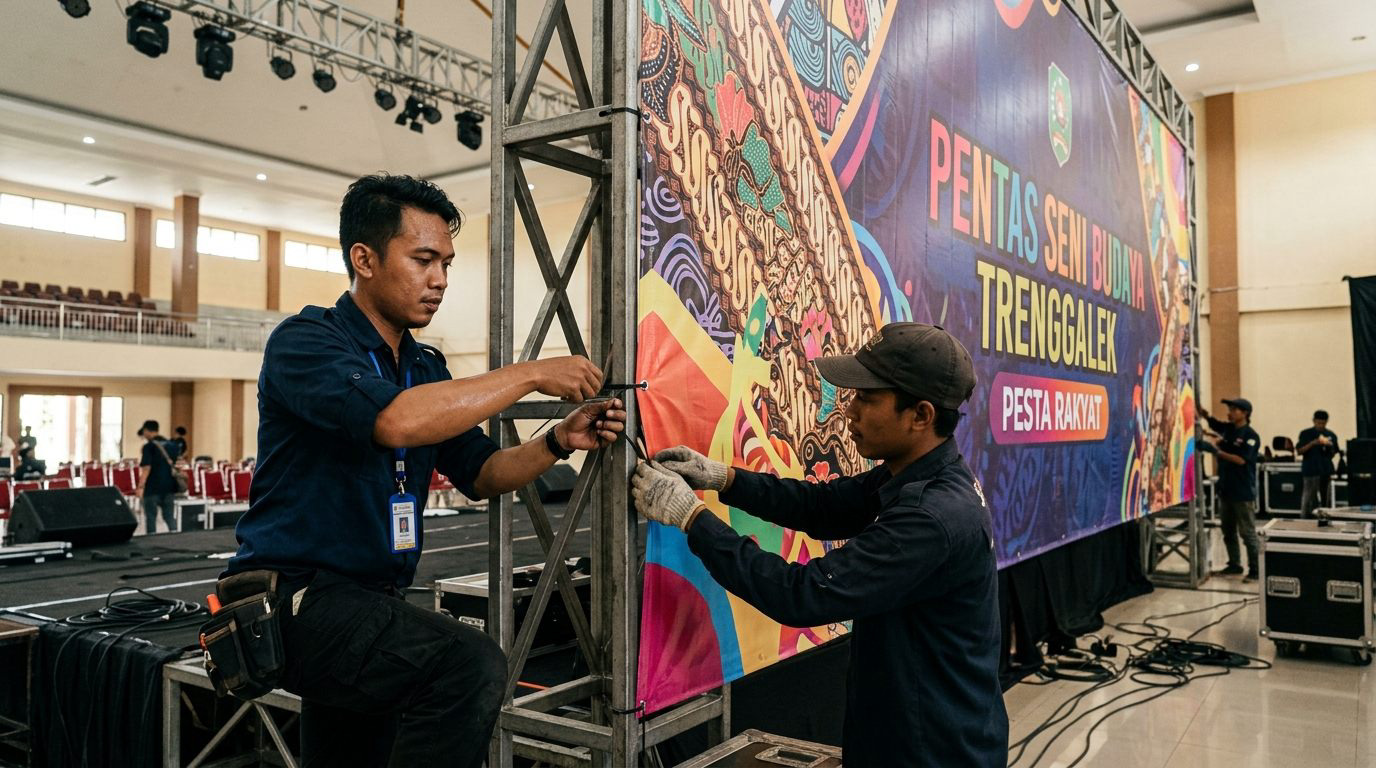 Pemasangan backdrop panggung event di Trenggalek dengan rangka truss yang kokoh