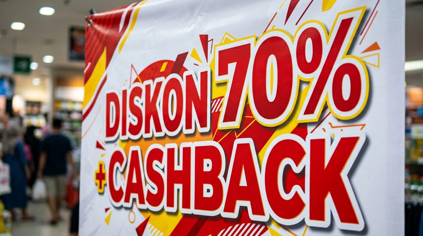 Detail grafis angka diskon tujuh puluh persen dengan kontras warna merah kuning menyala pada spanduk promosi
