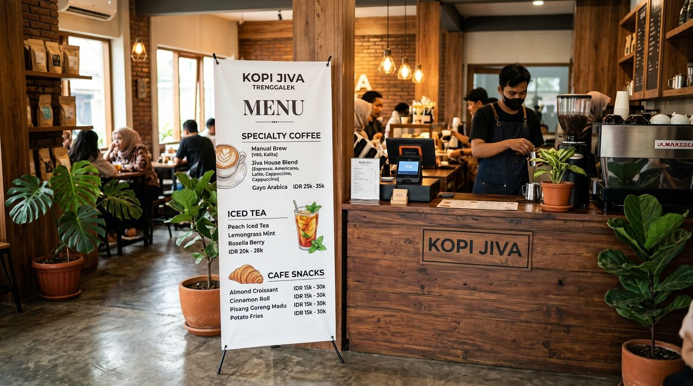 Standing banner daftar menu kopi dan kudapan berdiri rapi di samping meja kasir cafe Trenggalek