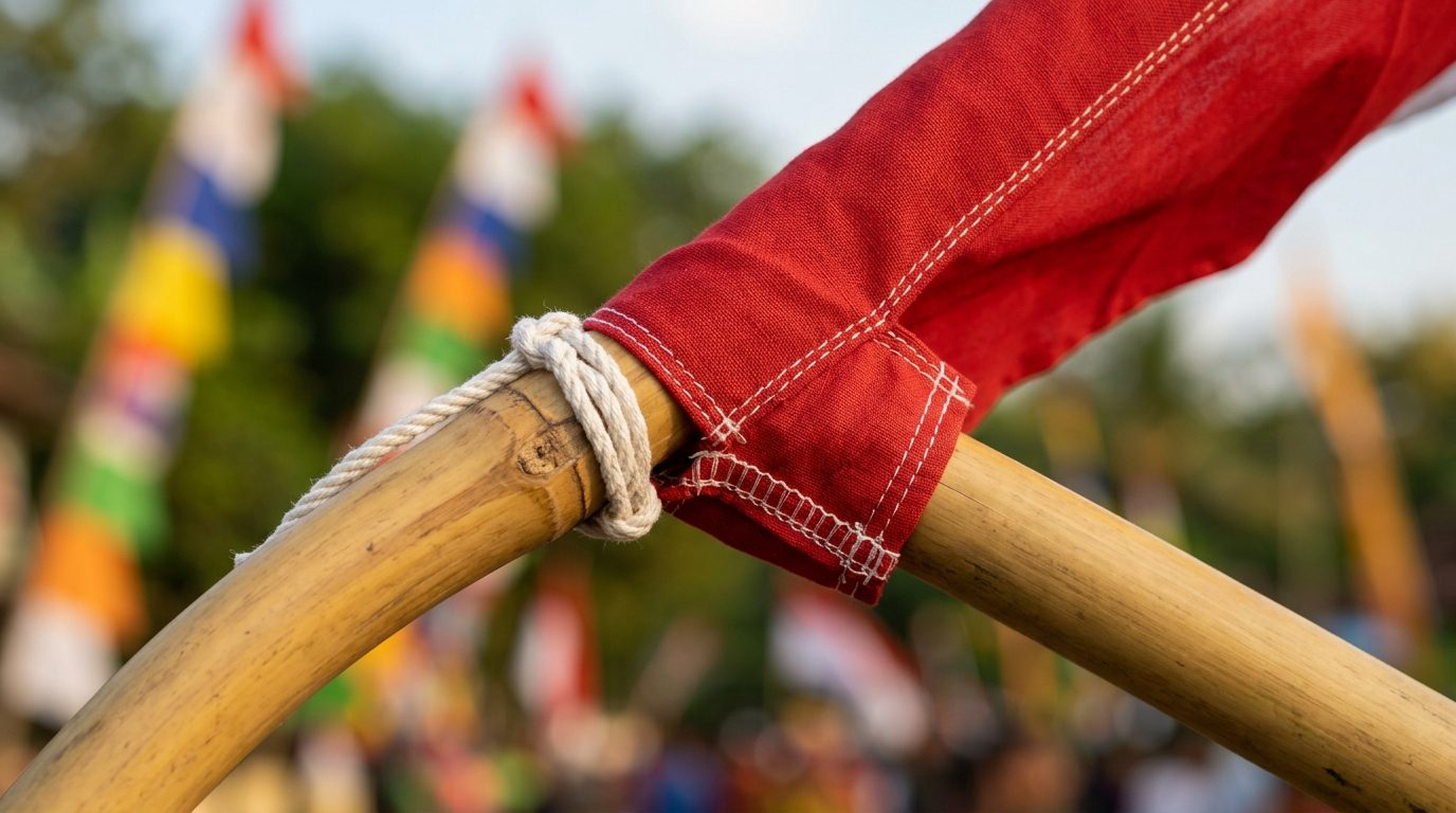 Detail jahitan ganda pada selongsong kain umbul-umbul yang terikat kuat pada tiang bambu lengkung