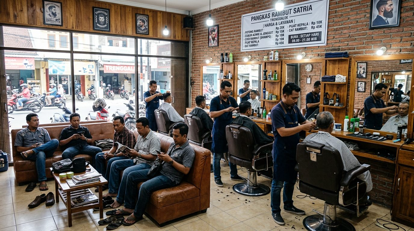 Suasana ruang pangkas rambut pria di Trenggalek ramai pelanggan di bawah spanduk daftar harga layanan