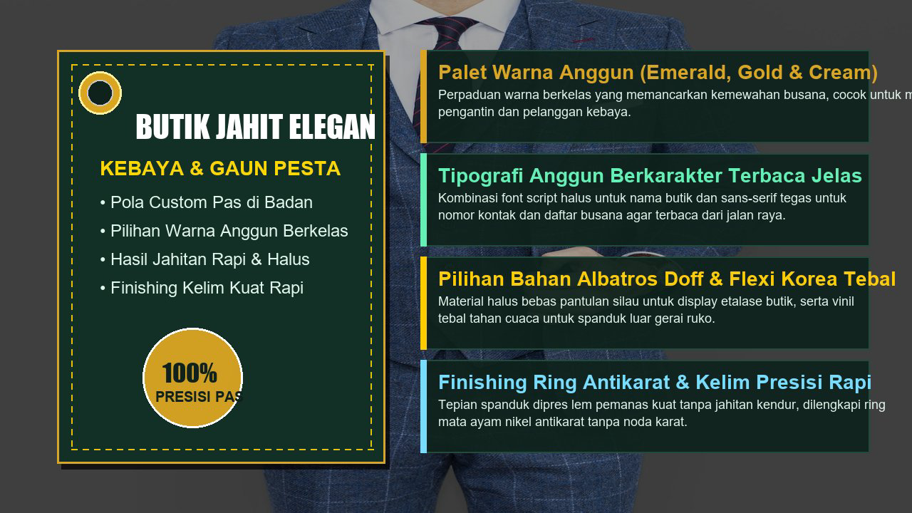 Detail foto konsep desain banner penjahit elegan dengan pita ukur benang kain dan tipografi rapi