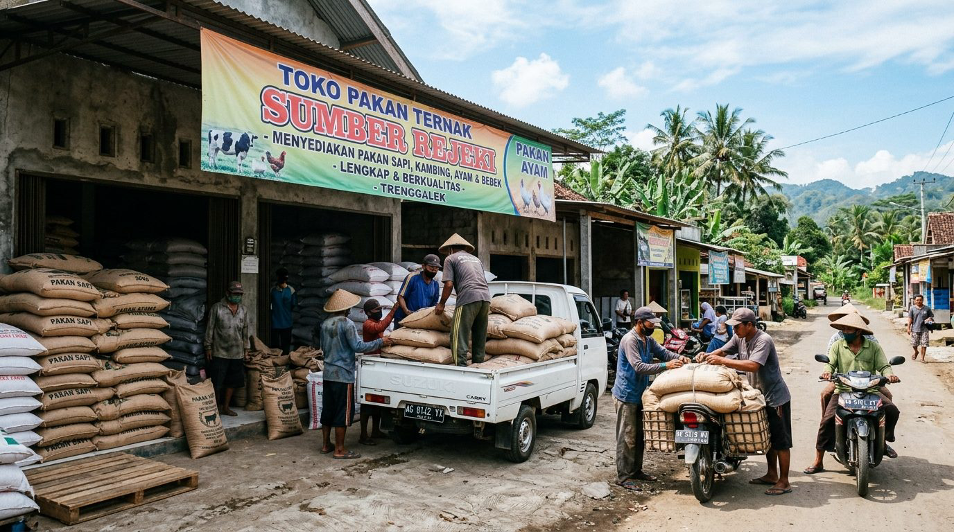 Suasana kesibukan peternak Trenggalek memuat karung pakan konsentrat ke mobil pikap di depan toko pakan ternak