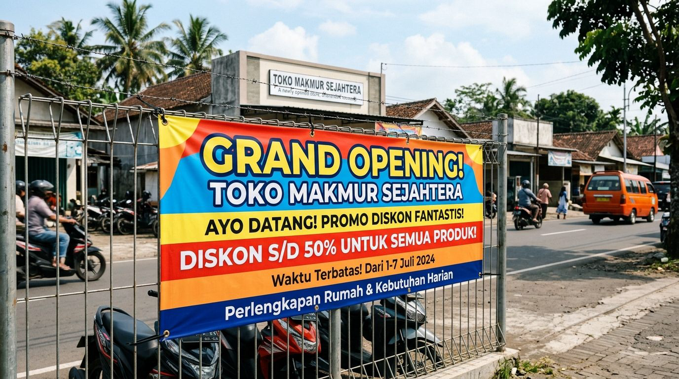 Spanduk grand opening promo diskon terpasang rapi di pagar depan toko ritel Trenggalek