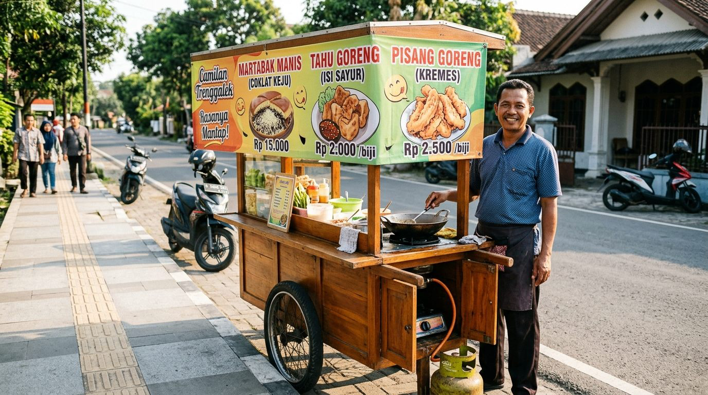 Gerobak dorong kuliner kaki lima di Trenggalek dengan banner menu makanan terpasang rapi