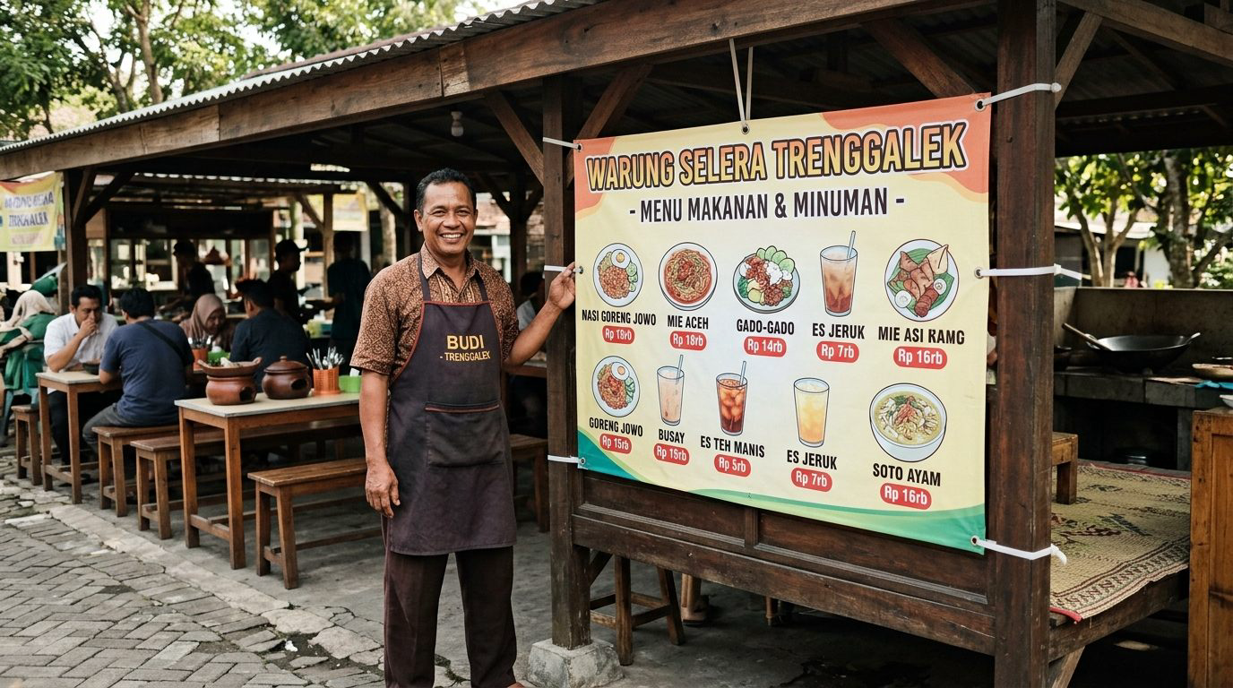 Pemilik warung makan di Trenggalek tersenyum di samping spanduk menu makanan outdoor yang terpasang kokoh