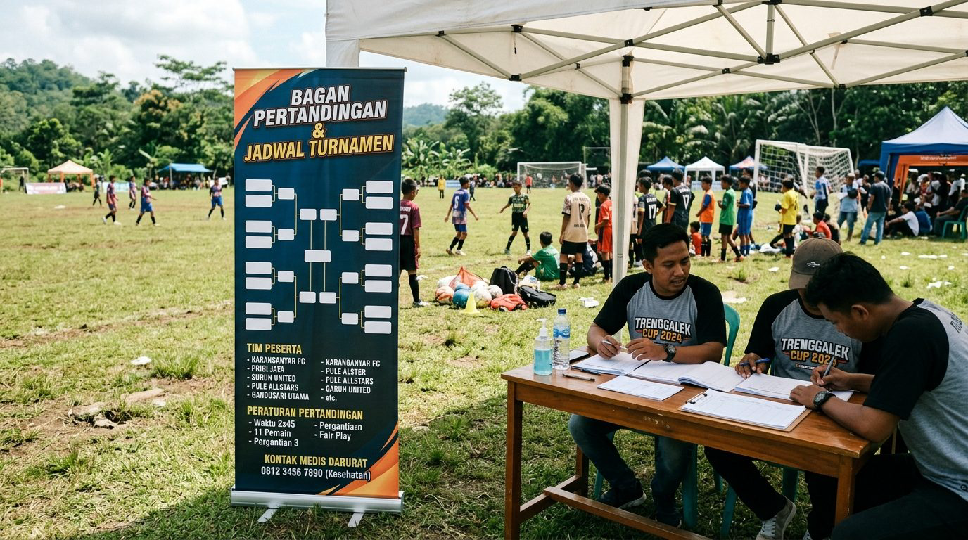 Standing roll up banner bagan pertandingan sistem gugur dan jadwal turnamen di samping meja panitia lapangan Trenggalek
