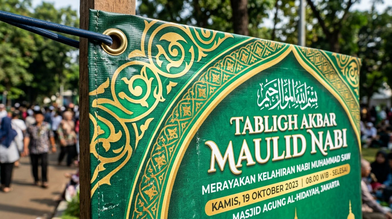 Detail ornamen lengkungan masjid islami warna hijau emas, teks judul tabligh akbar maulid nabi, dan ring mata ayam pada spanduk pengajian