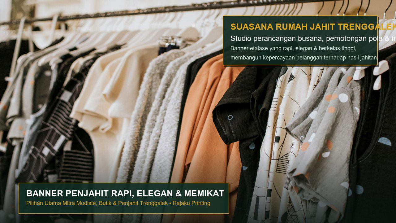 Suasana workshop rumah jahit dengan manekin gaun meja potong pola dan mesin jahit rapi di Trenggalek