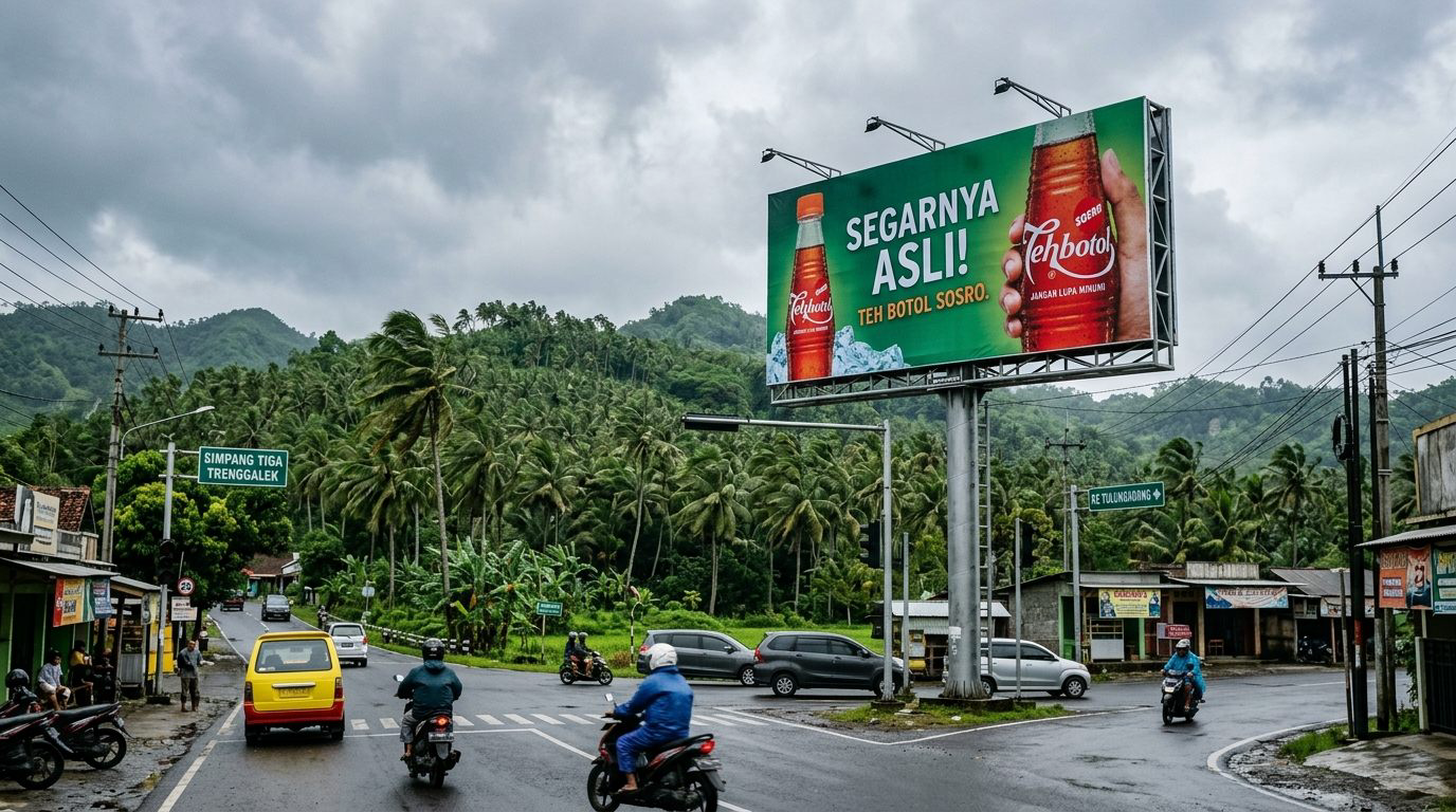 Bentangan baliho promosi komersial berdiri kokoh di persimpangan jalan Trenggalek saat cuaca berangin kencang