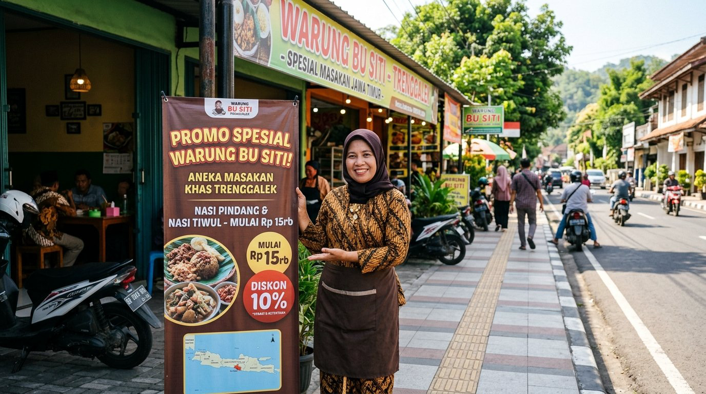 Standing banner promosi kuliner di depan warung makan Trenggalek