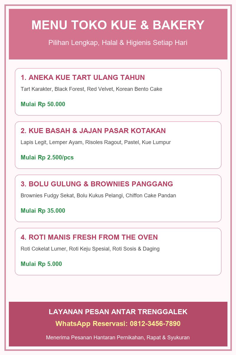 Standing roll up banner daftar menu kue tart ulang tahun bolu gulung dan jajanan pasar di toko bakery Trenggalek