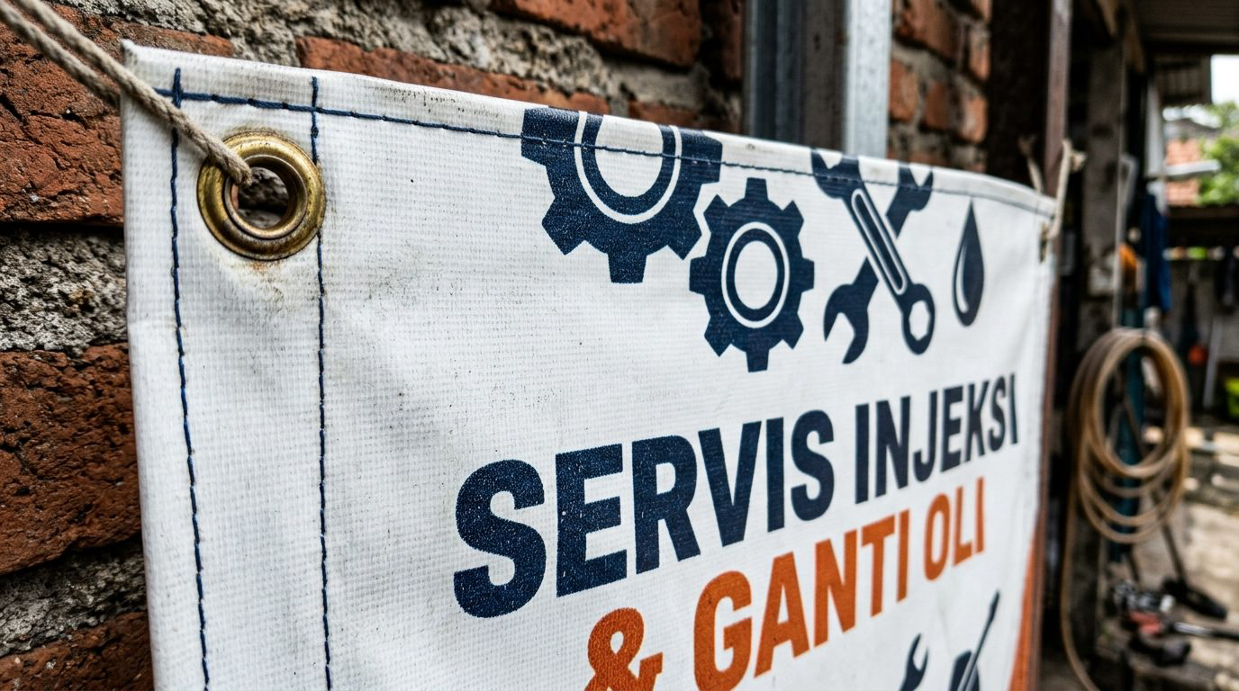 Detail material vinil tebal dengan jahitan kelim ganda, ring mata ayam kuningan, dan grafik mekanik tahan minyak pada spanduk bengkel