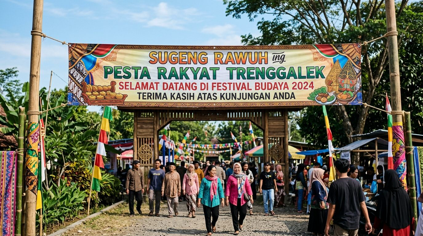 Spanduk gerbang masuk outdoor festival budaya masyarakat Trenggalek