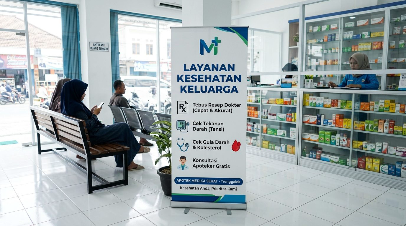 Standing roll up banner informasi layanan kesehatan keluarga cek tensi dan konsultasi apoteker di ruang tunggu apotek Trenggalek