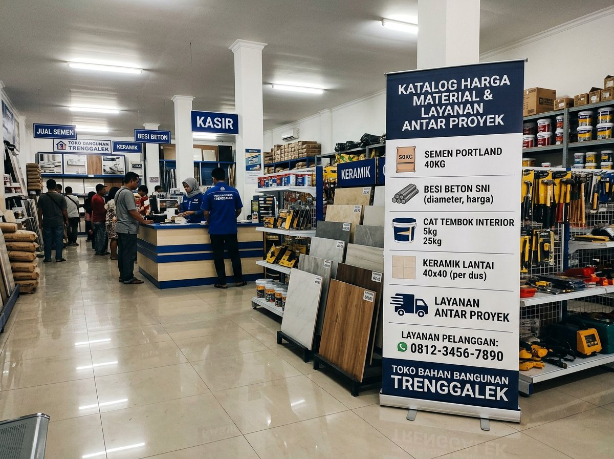 Standing roll-up banner katalog harga material dan layanan antar proyek di ruang pamer toko bangunan Trenggalek