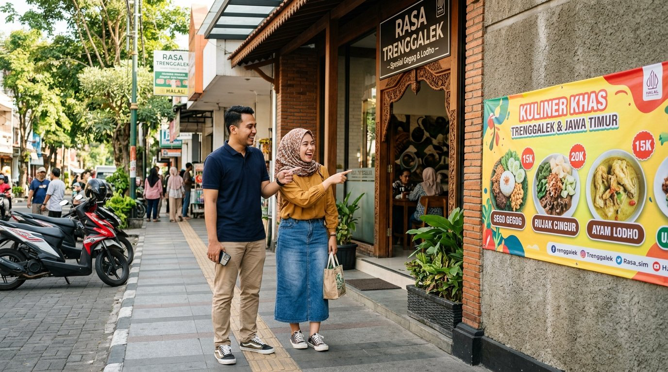 Pelanggan tertarik melihat spanduk promosi kuliner khas Trenggalek