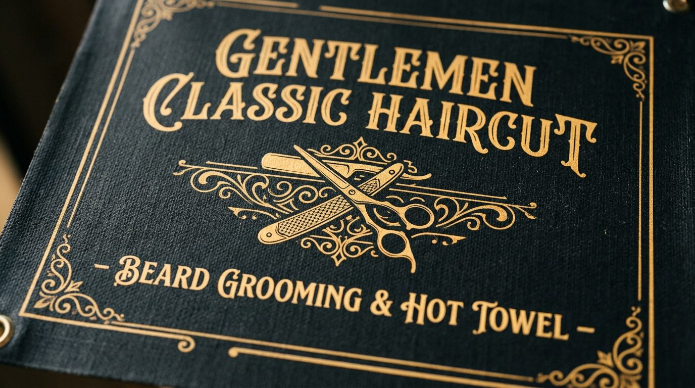 Detail tipografi emas klasik dan lambang gunting cukur pada spanduk barbershop bertema vintage retro