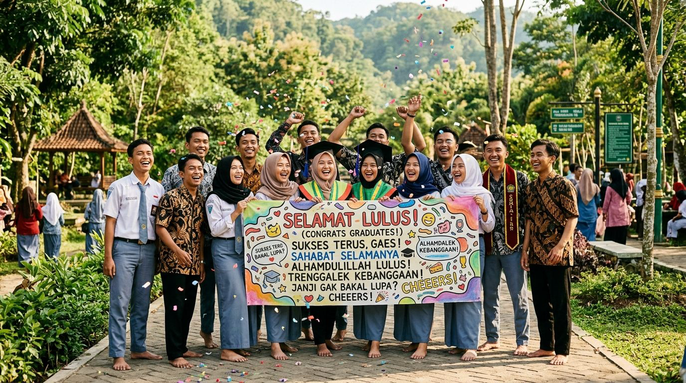 Rombongan sahabat merayakan kelulusan sambil membentangkan spanduk wisuda penuh pesan hangat di taman Trenggalek