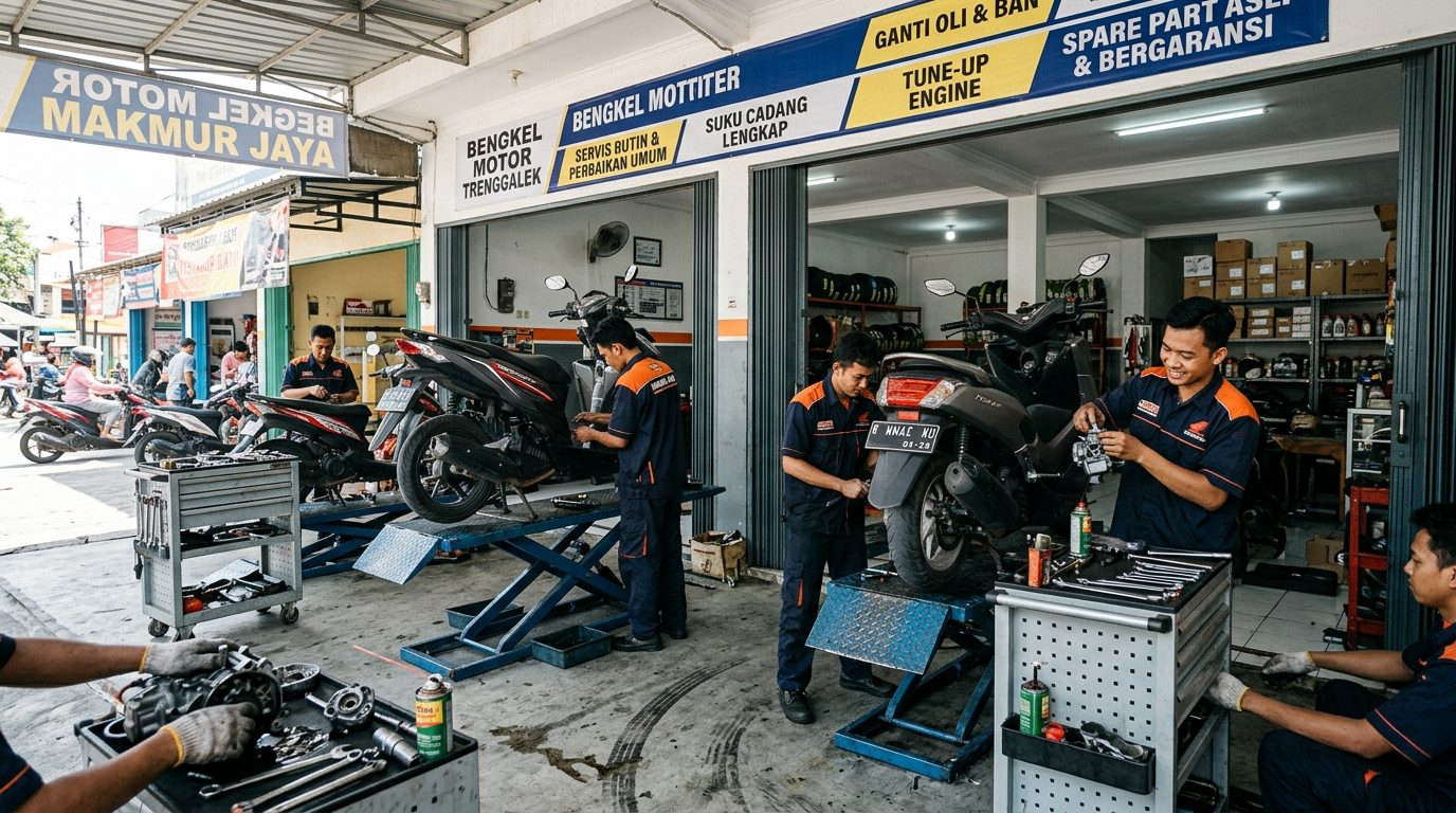 Suasana kesibukan para mekanik profesional sedang menservis motor di bengkel Trenggalek di bawah spanduk layanan