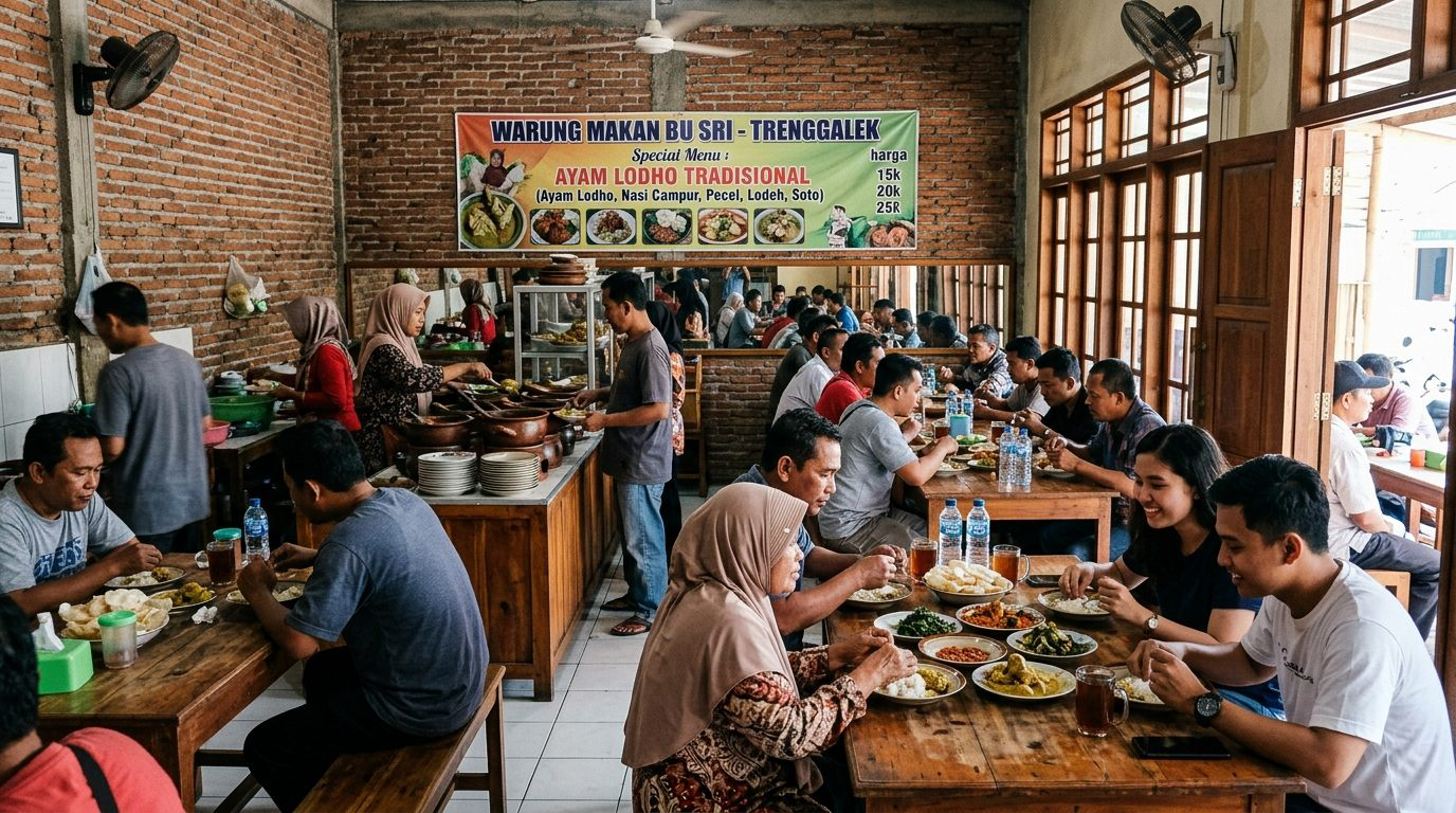 Suasana warung makan tradisional di Trenggalek ramai pembeli dengan banner menu terpajang rapi di dinding