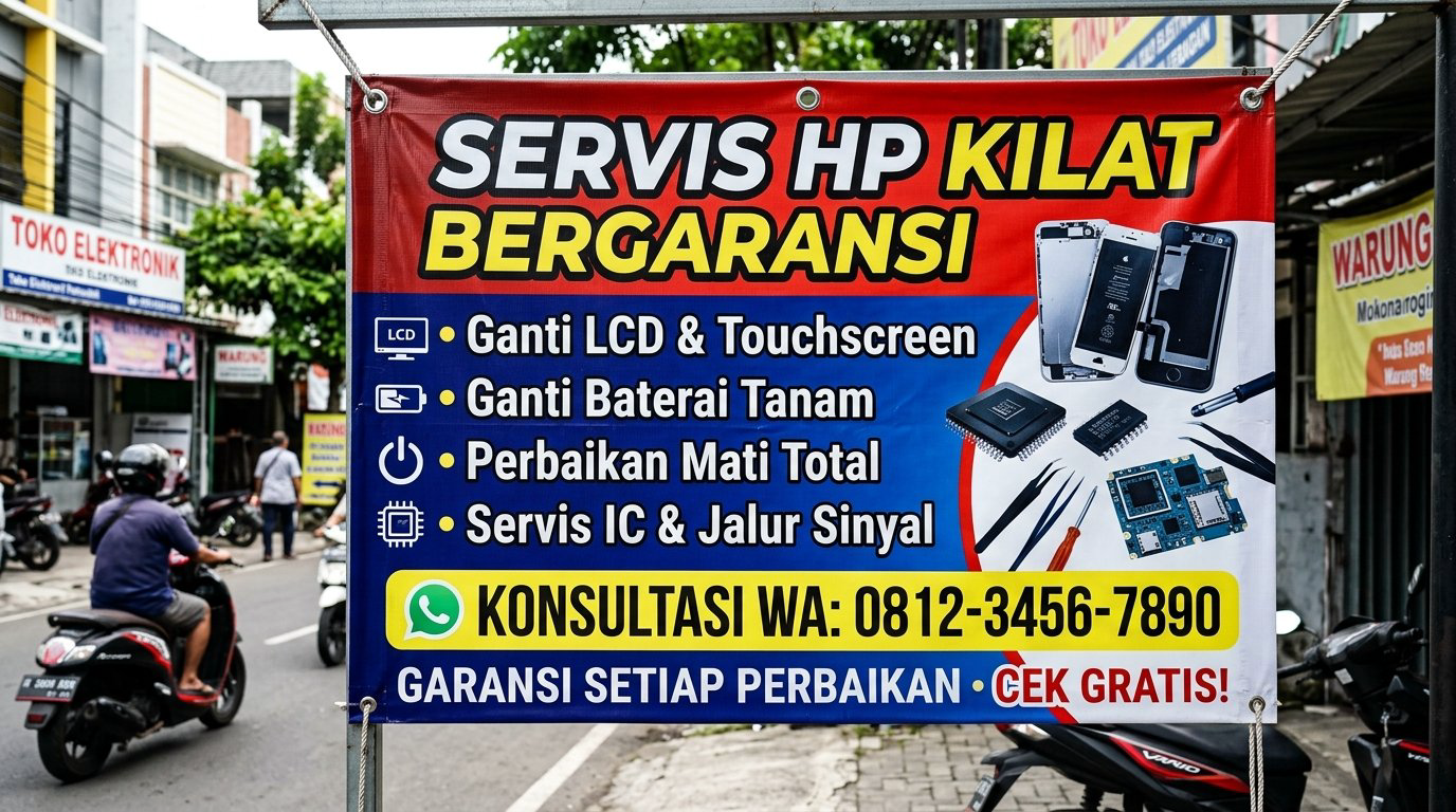 Detail tata letak materi layanan perbaikan ponsel dan nomor kontak WhatsApp konter