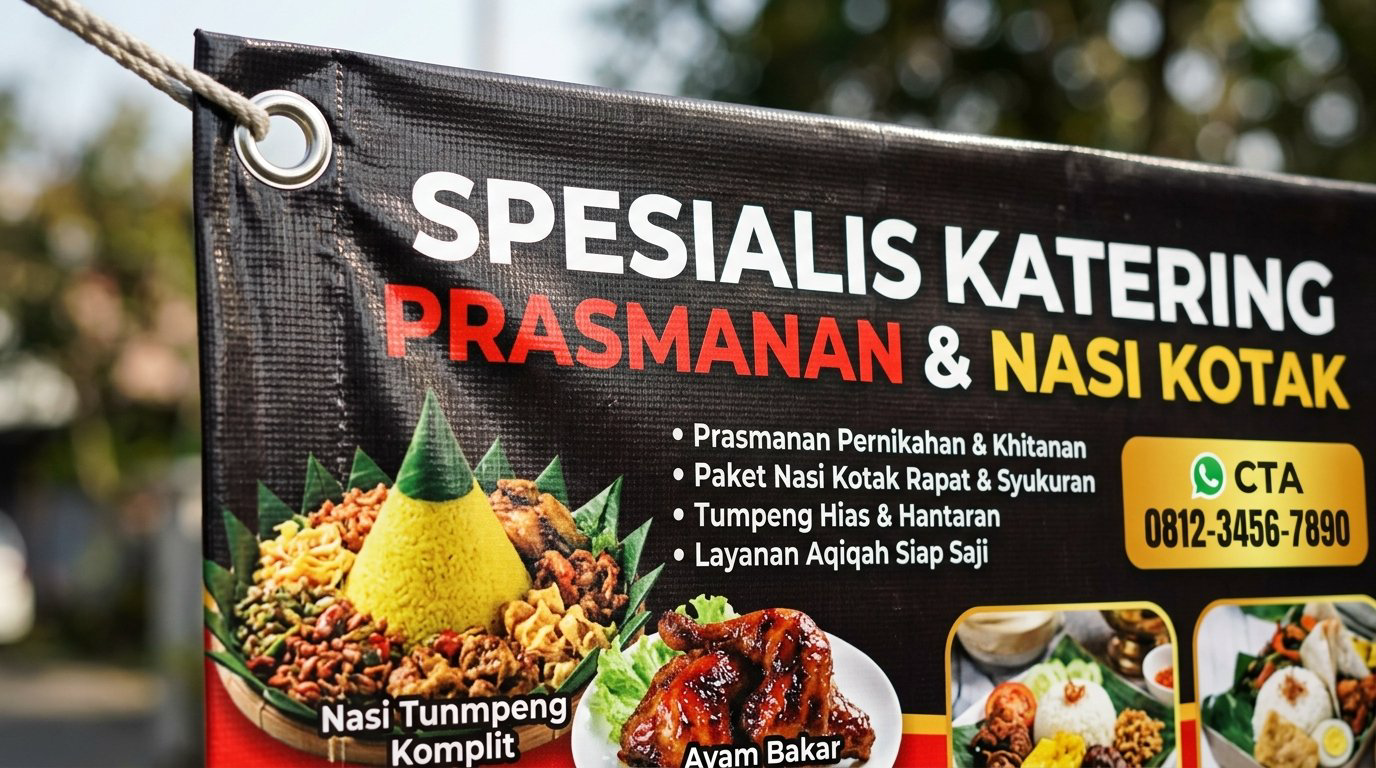 Detail tata letak foto hidangan tumpeng ayam bakar daftar paket prasmanan dan nomor kontak pada spanduk katering