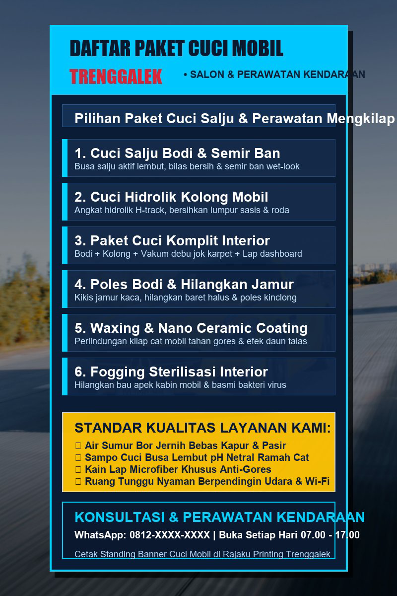 Standing banner daftar paket cuci mobil salju dan salon perawatan mobil di Trenggalek