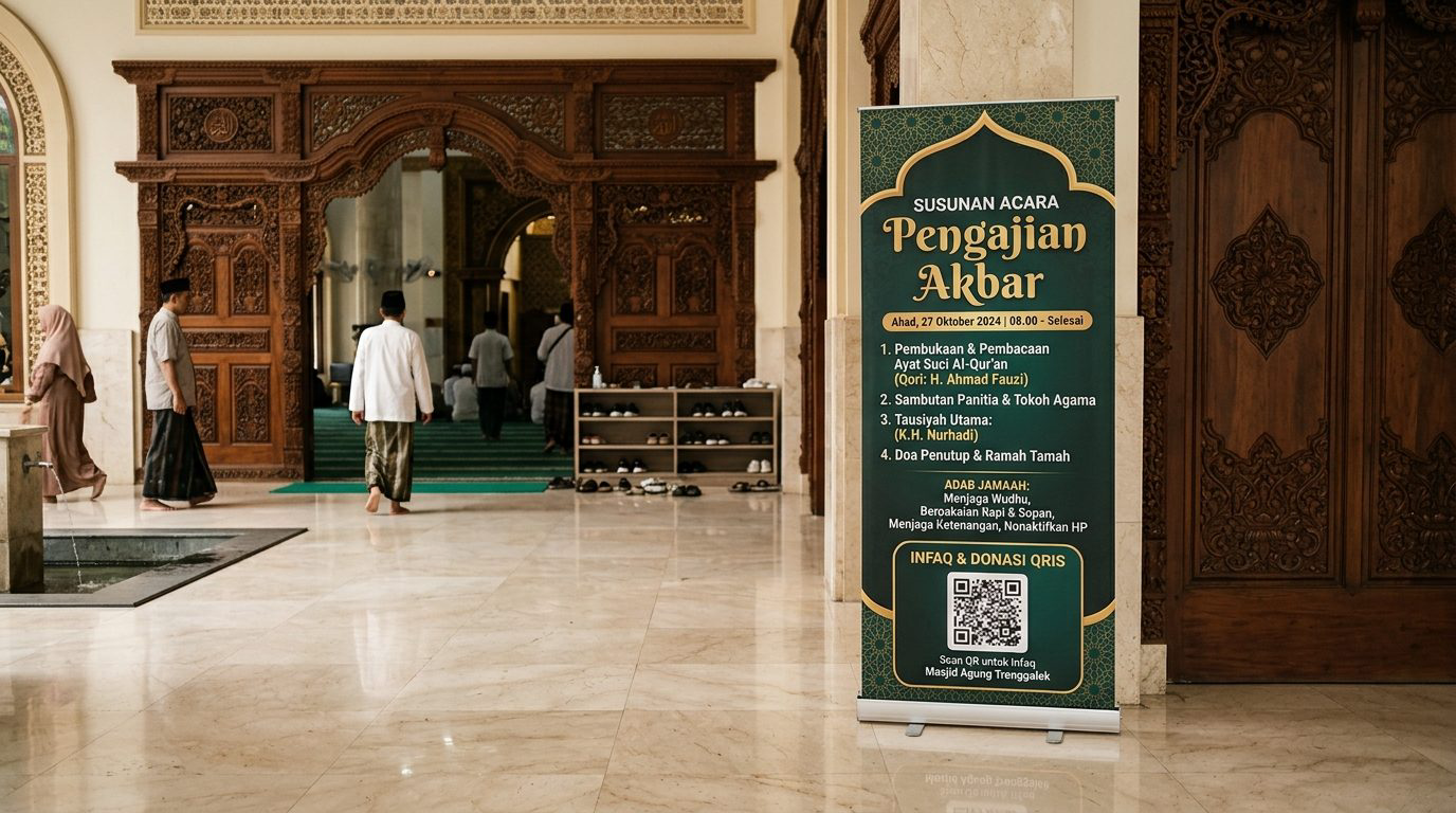 Standing roll up banner susunan acara pengajian akbar dan panduan adab jamaah di serambi marmer Masjid Agung Trenggalek
