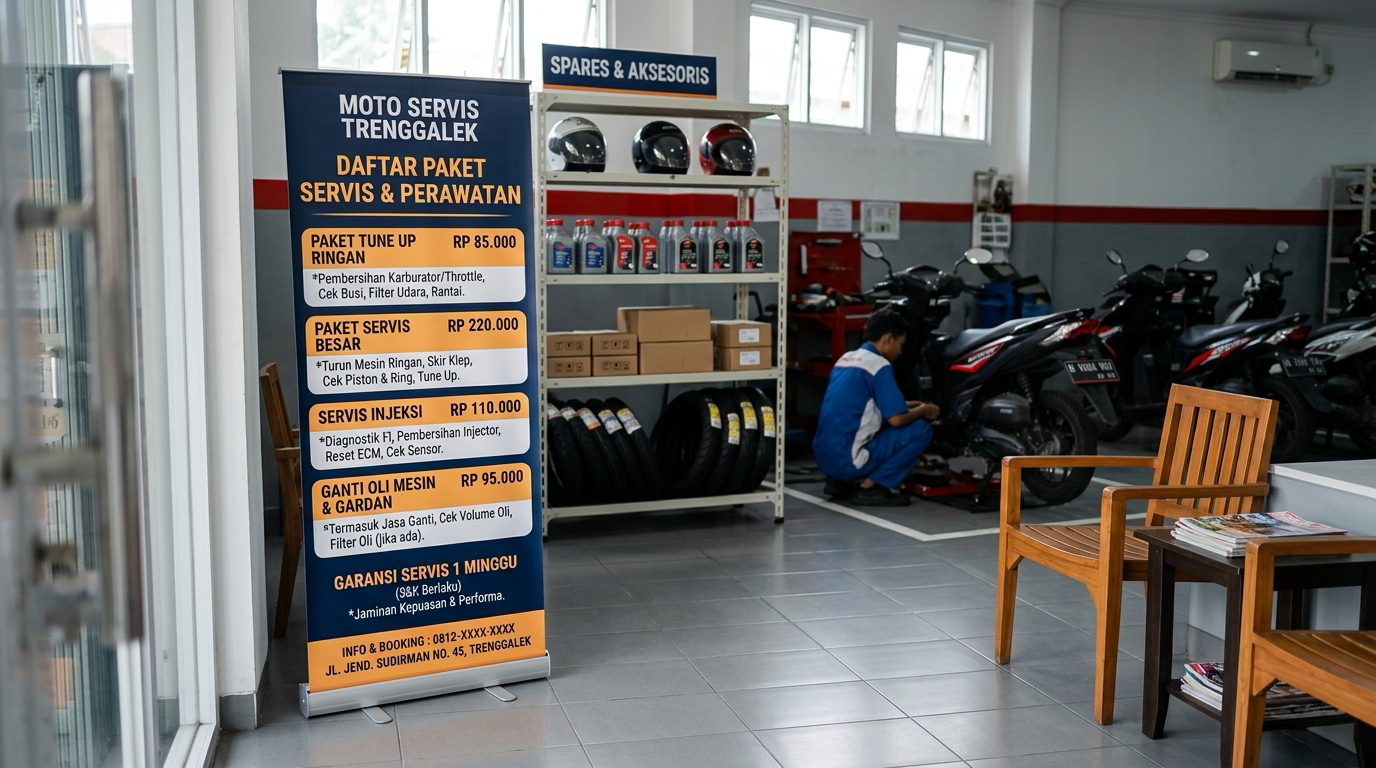 Standing roll up banner daftar paket servis motor dan harga ganti oli di ruang tunggu konsumen bengkel Trenggalek