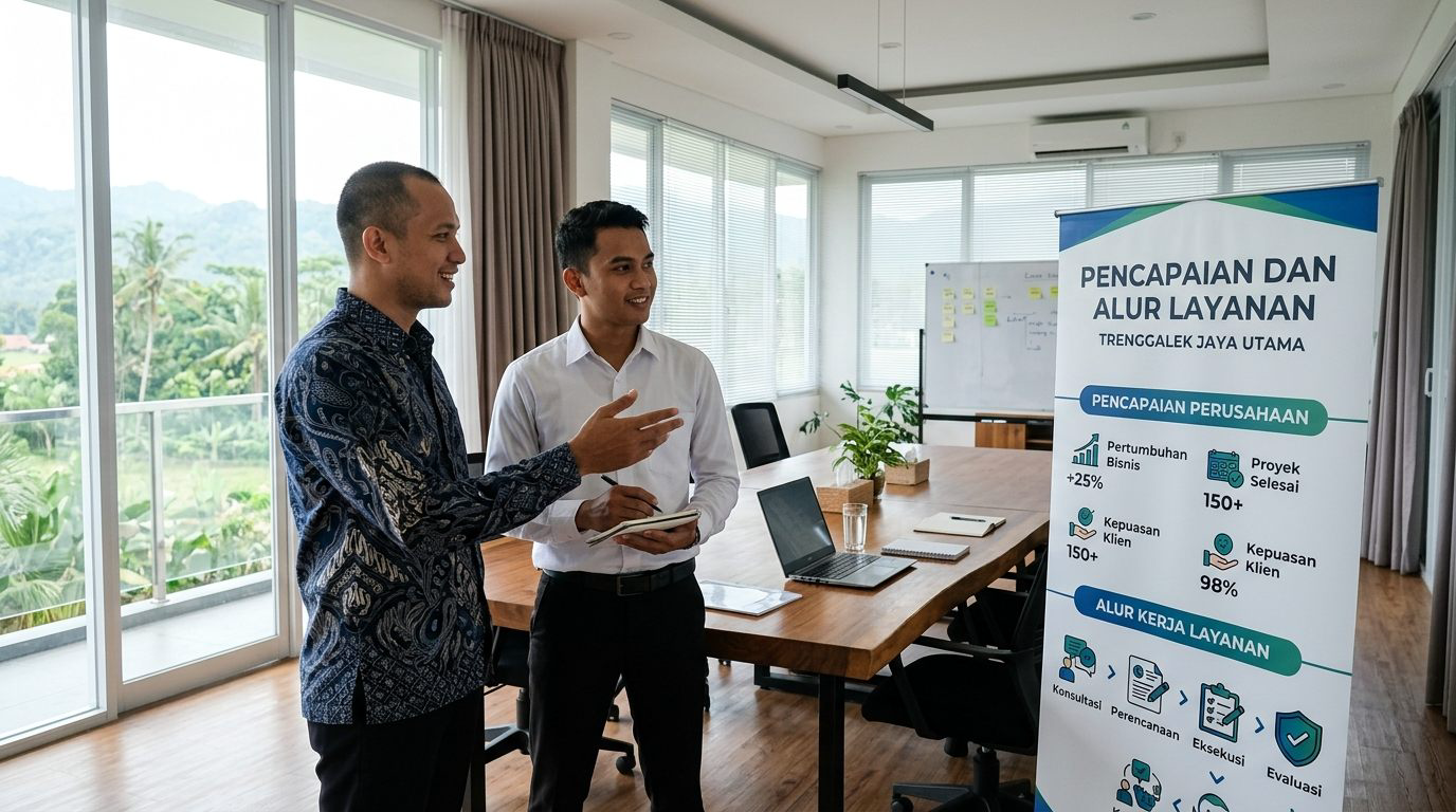 Roll up banner pencapaian kinerja perusahaan berdiri rapi di ruang rapat kantor Trenggalek
