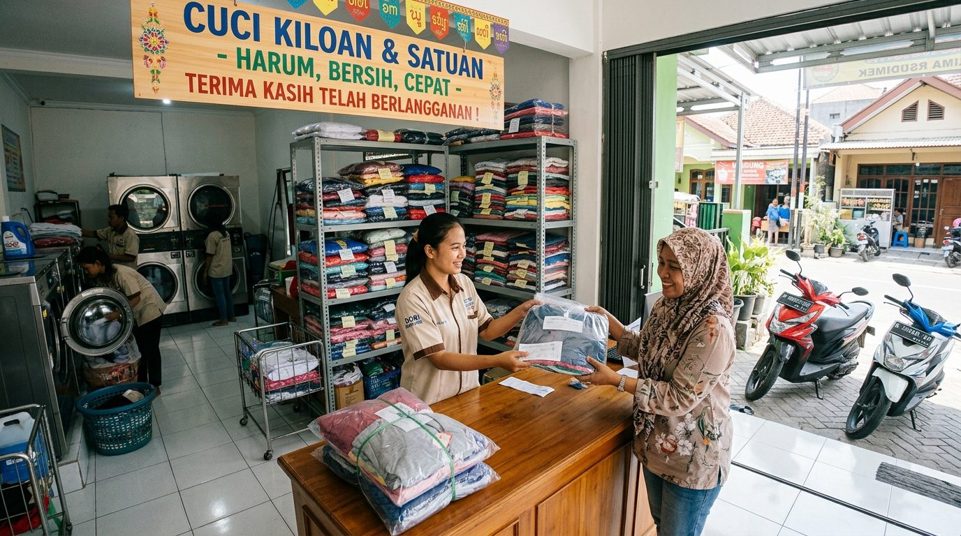 Pelanggan mengambil cucian bersih wangi di meja kasir outlet laundry Trenggalek di bawah spanduk gantung