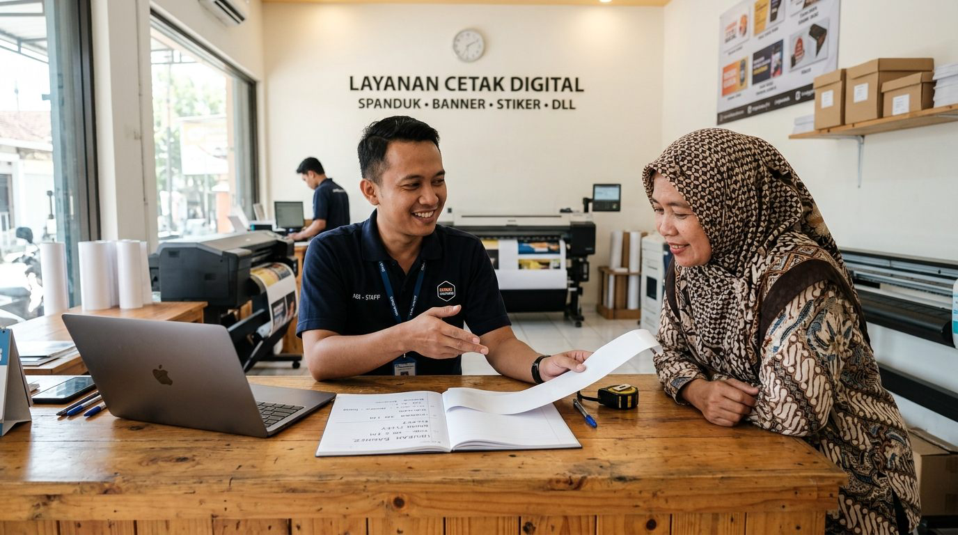 Pemilik toko berkonsultasi mengenai ukuran dan bahan banner dengan staf percetakan di Trenggalek