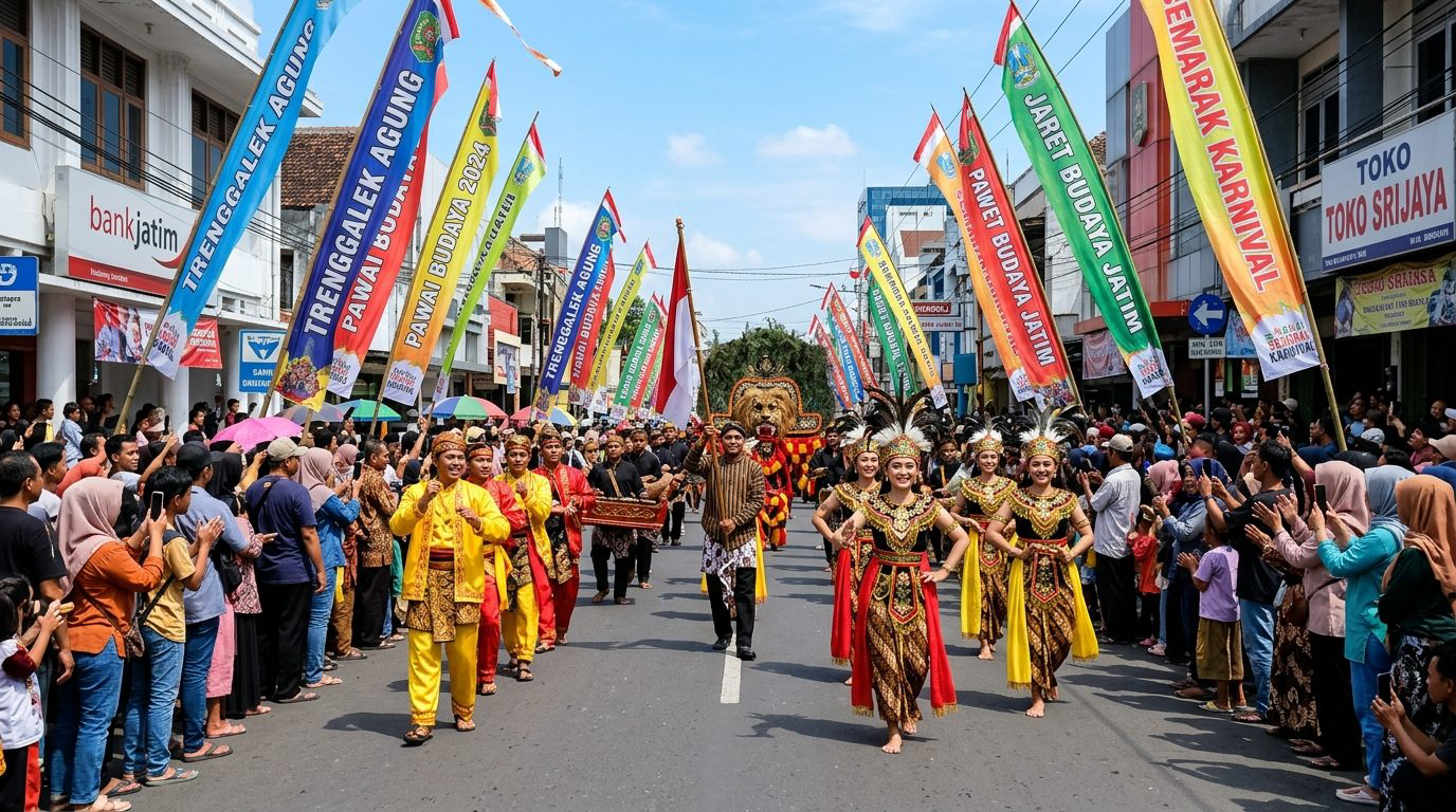 Iring-iringan pawai budaya dan karnaval di jalan utama Trenggalek dihiasi deretan umbul-umbul kain semarak