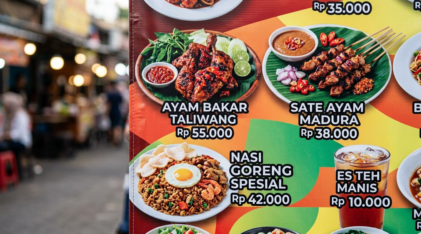 Detail hasil cetak banner menu kuliner Trenggalek dengan foto makanan beresolusi tajam dan daftar harga jelas