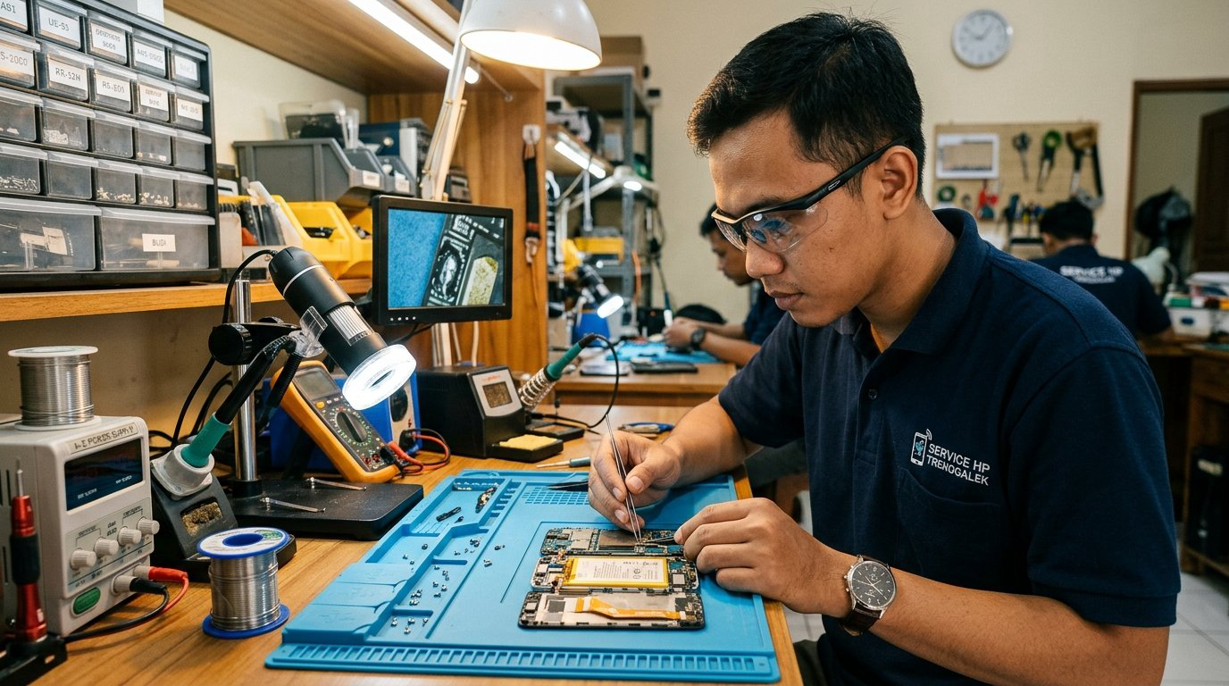Suasana ruang kerja teknisi servis handphone yang rapi dan profesional di Trenggalek