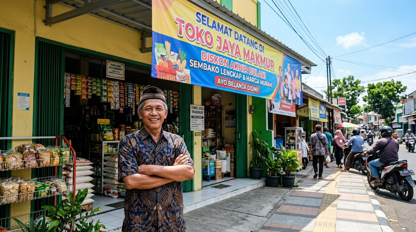 Pemilik toko di Trenggalek tersenyum bangga di depan spanduk promo yang terpasang rapi