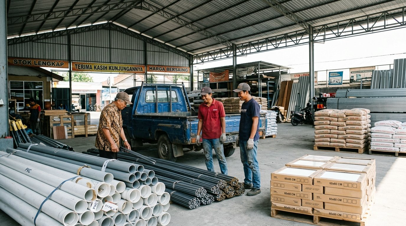 Suasana aktivitas pelayanan dan pemuatan material besi pipa dan keramik di halaman depo toko bangunan Trenggalek