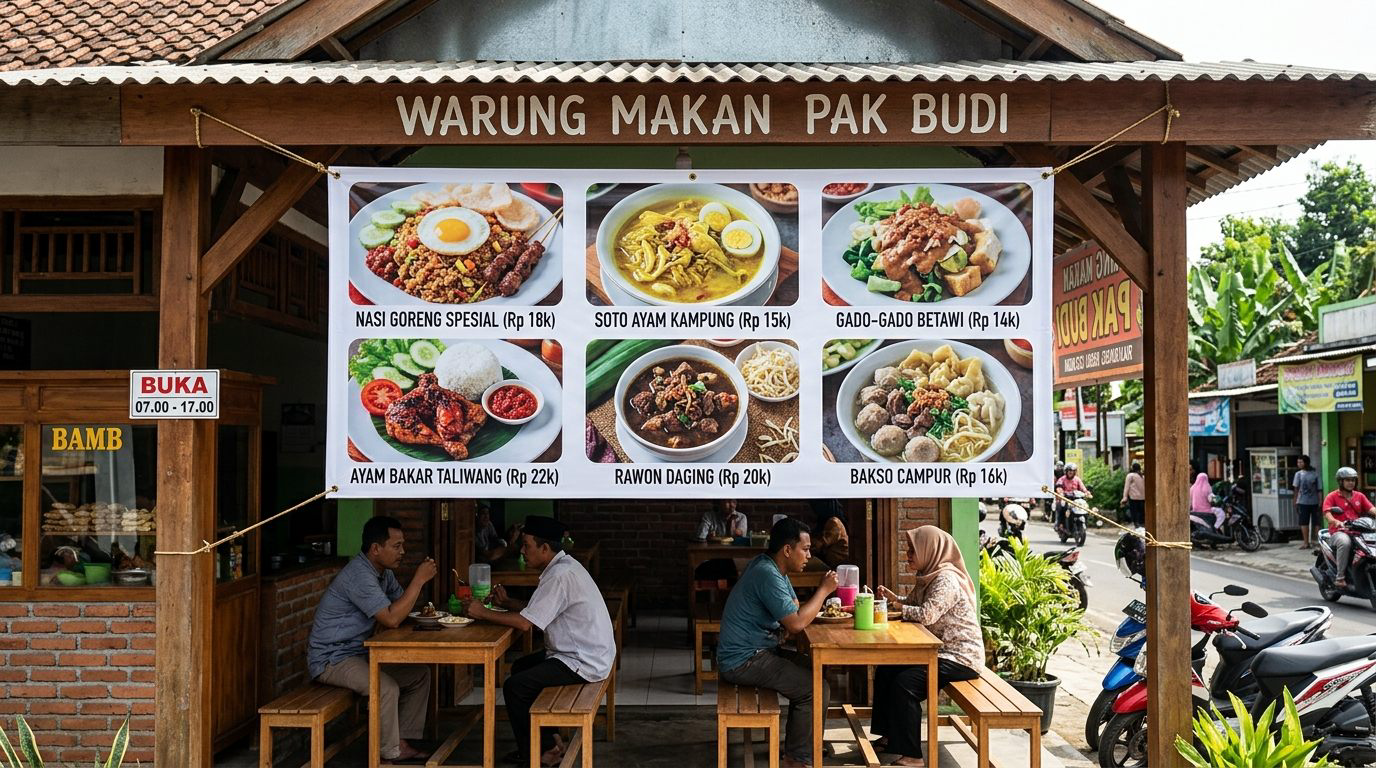 Hasil cetak banner warung makan kuliner di Trenggalek dengan foto menu yang tajam dan menggugah selera
