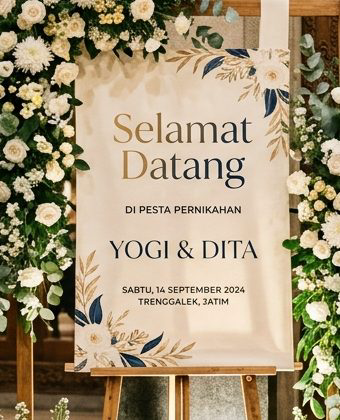 Detail tipografi dan tata letak nama acara pada banner selamat datang pesta pernikahan