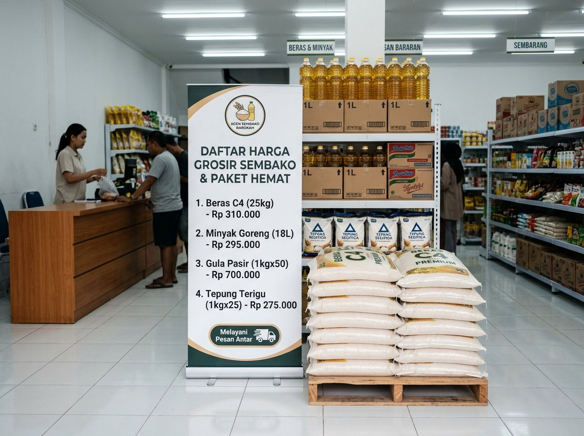 Standing roll-up banner daftar harga grosir sembako dan paket hemat di area depan toko kelontong Trenggalek