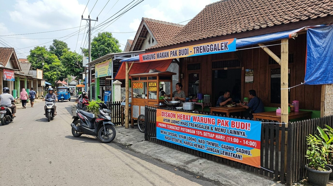 Spanduk promosi diskon terpasang rapi di pagar depan warung makan di Trenggalek