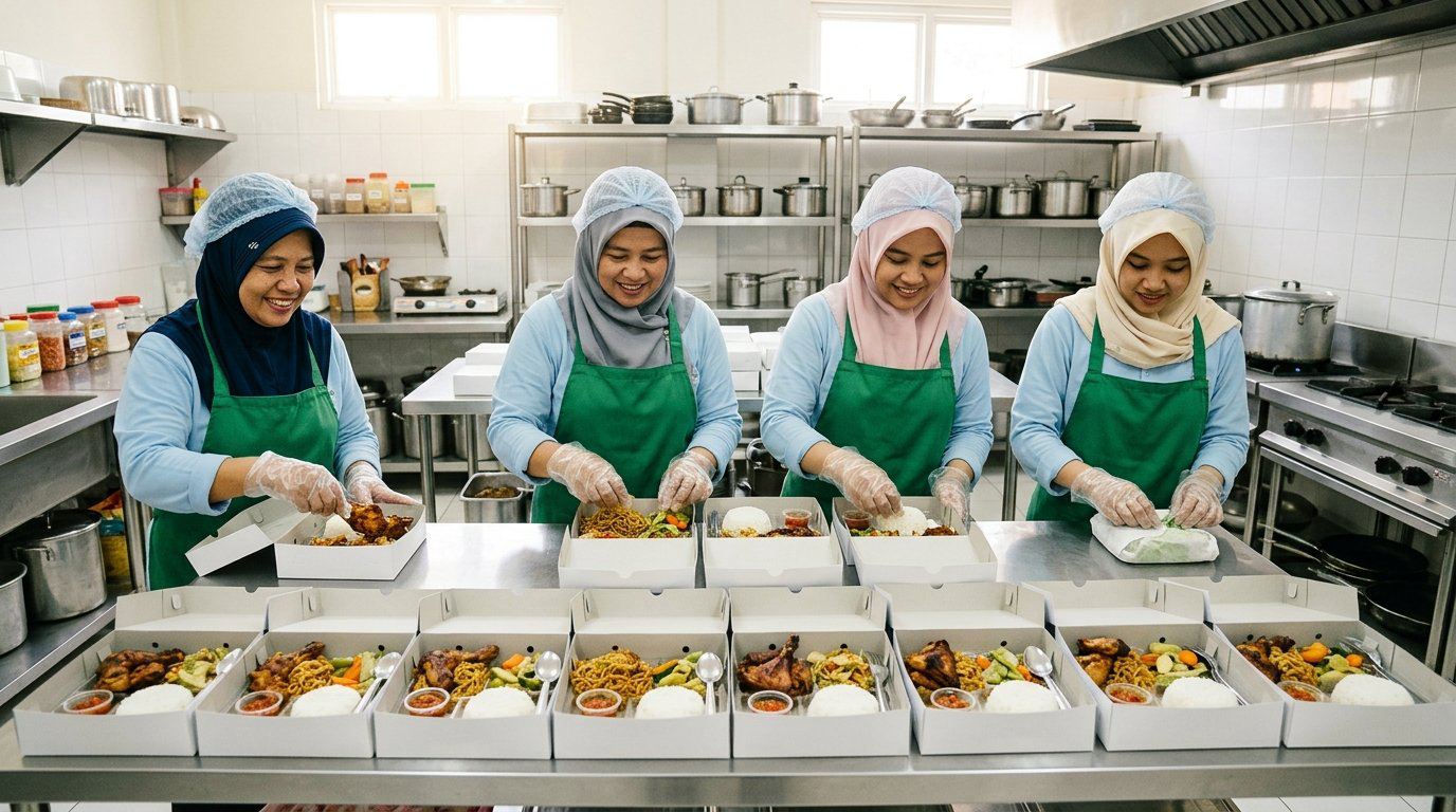 Suasana dapur katering higienis di Trenggalek dengan staf mengemas ratusan pesanan nasi kotak secara rapi