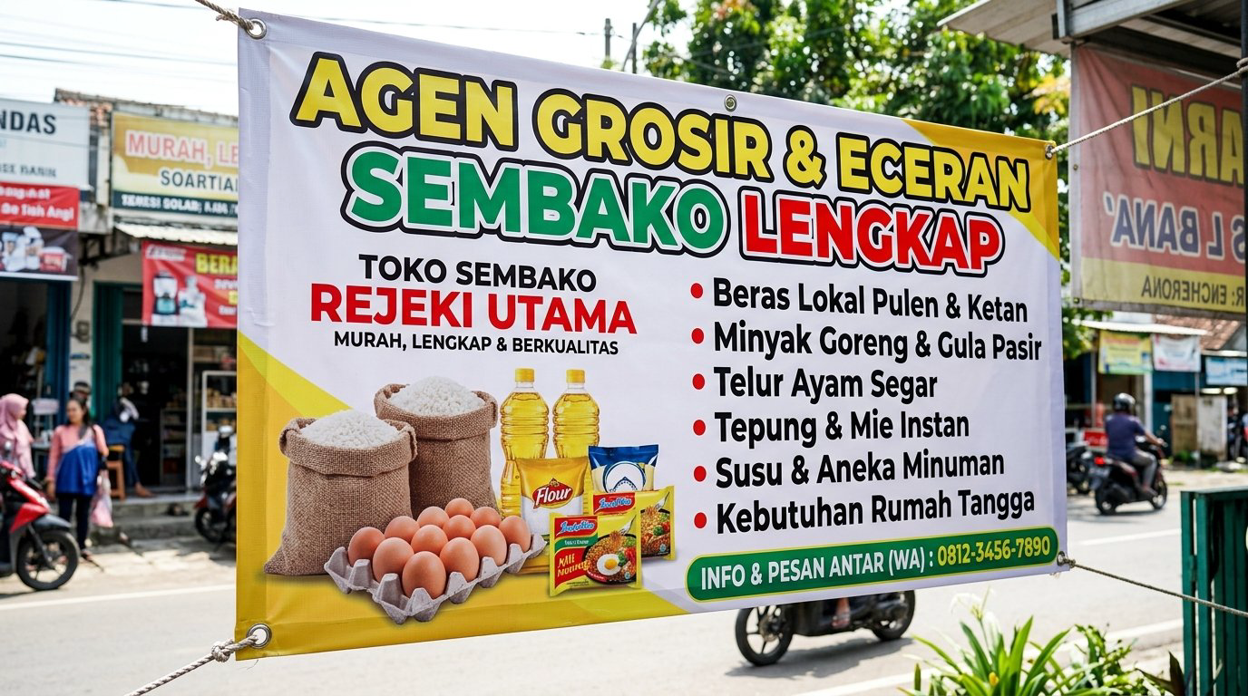 Detail tata letak daftar komoditas beras minyak gula telur dan nomor layanan antar pada spanduk toko sembako
