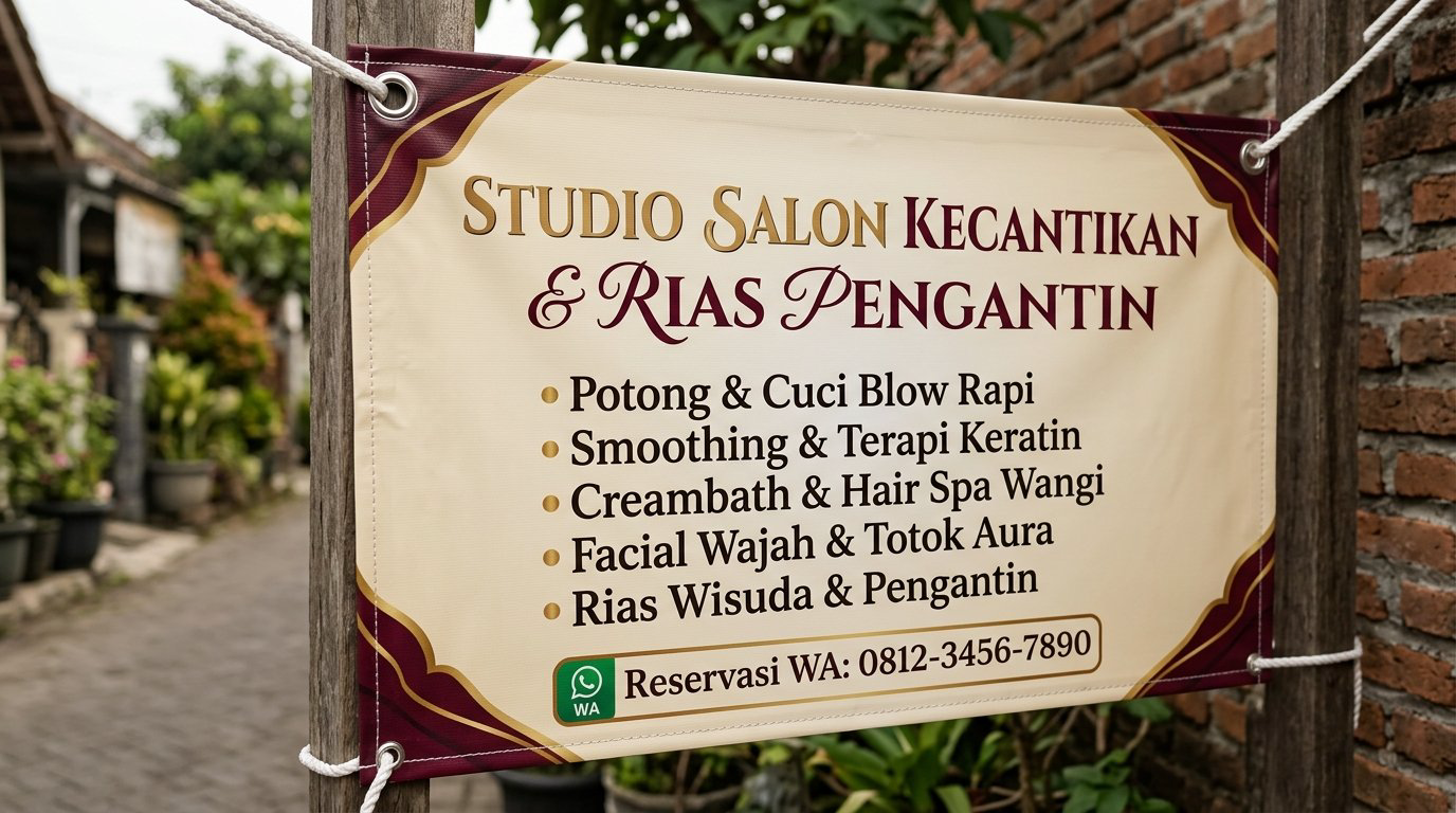 Detail tata letak daftar perawatan rambut wajah dan nomor reservasi pada spanduk salon kecantikan